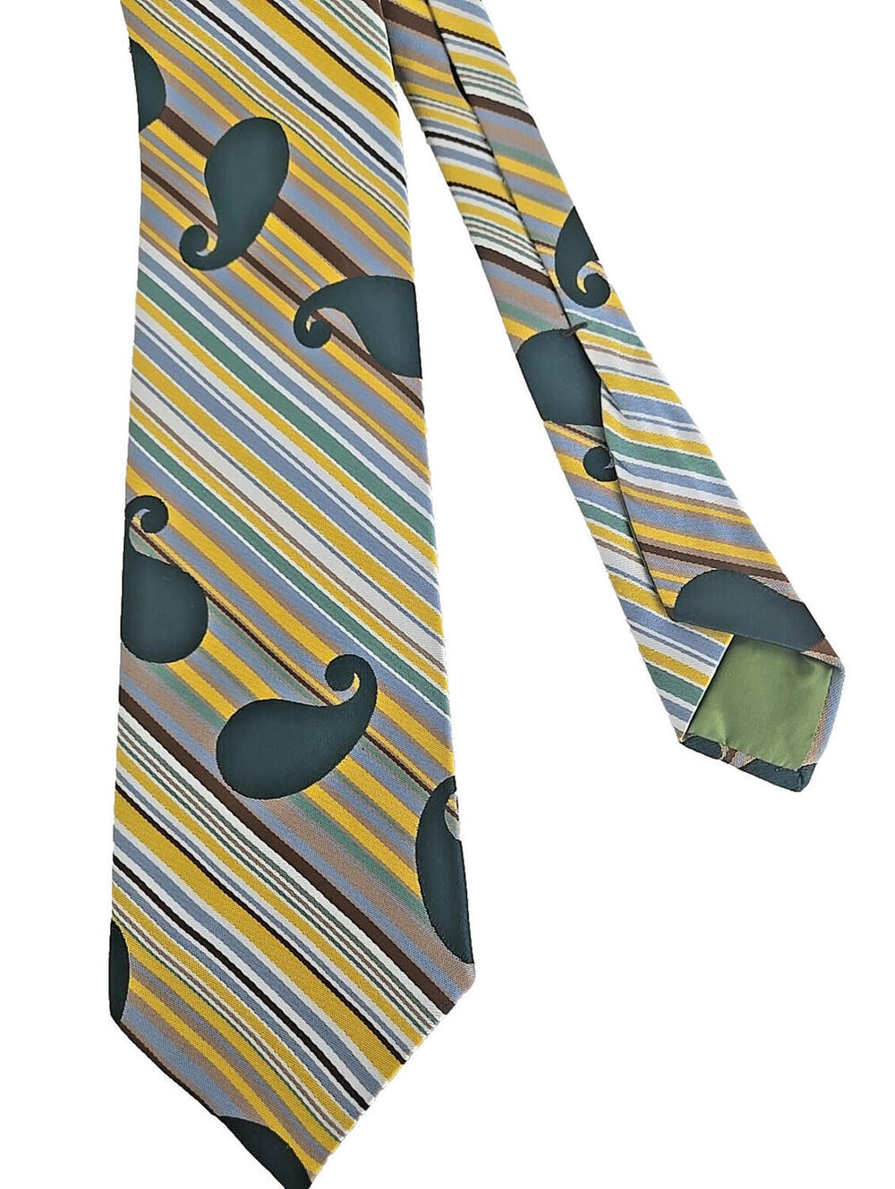 LIEBERT Vintage 70s Luxe Weave Wide Neck Tie Green Blue Stripe Paisley Print 54"